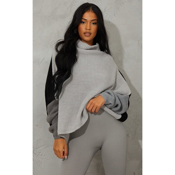 PrettyLittleThing Sz. M New Black/Gray Oversized Color Block Sweater - Picture 2 of 13